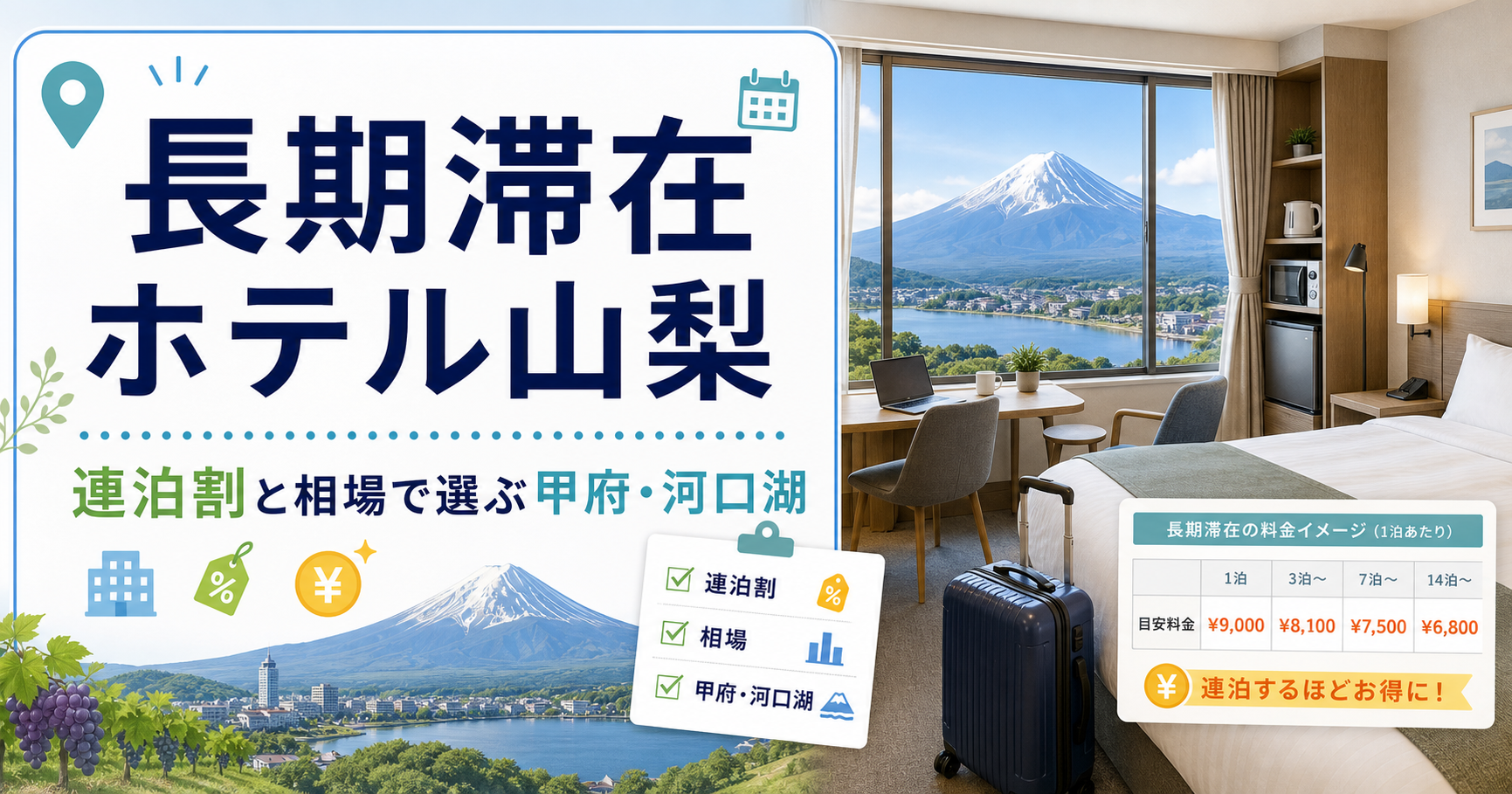 長期滞在ホテル山梨|連泊割と相場で選ぶ甲府河口湖 山梨